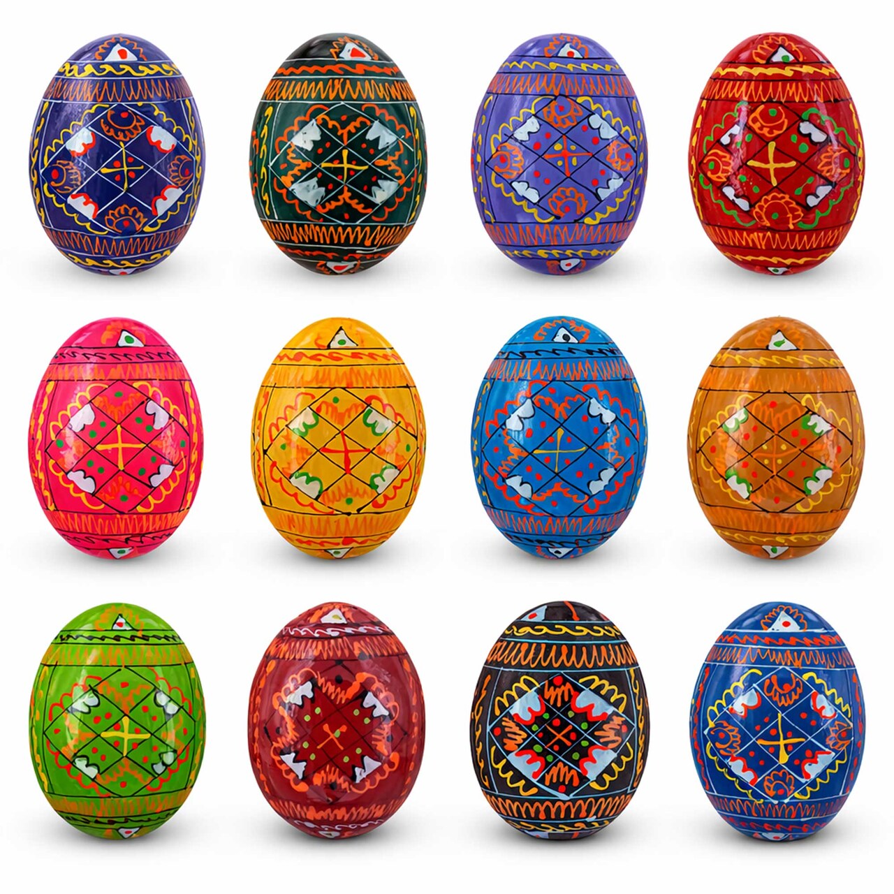 Set of 12 Handcrafted Geometric Ukrainian Pysanky Wooden Easter Eggs 2.5 Inches